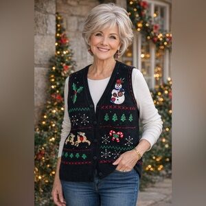 Basic Editions Vintage Christmas Sweater Vest Black Size x-large